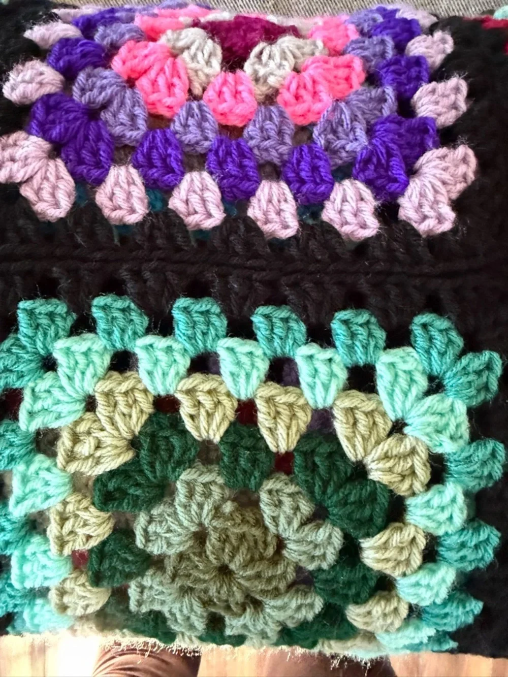 Handmade Vintage Style Black Trim Granny Square Afghan Roseanne Couch Blanket